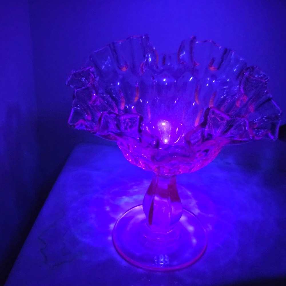 FENTON Selenium Glass Thumbprint Pattern Ruffled Footed PINK Compote Dish GLOWS!